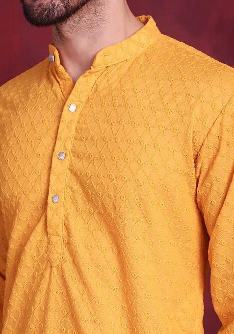 Mustard Yellow Embroidered Poly Blend Kurta Set For Men