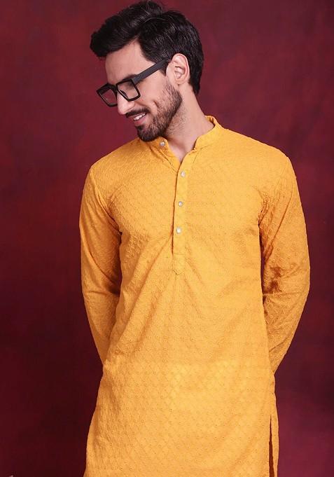 Mustard Yellow Embroidered Poly Blend Kurta Set For Men