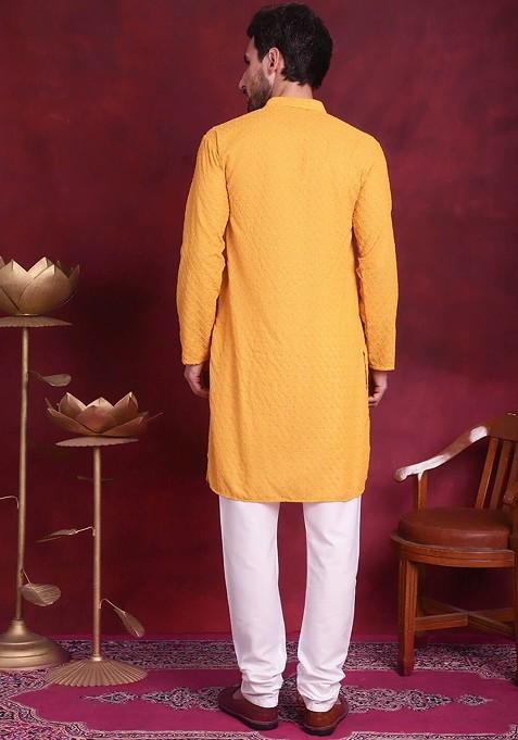Mustard Yellow Embroidered Poly Blend Kurta Set For Men