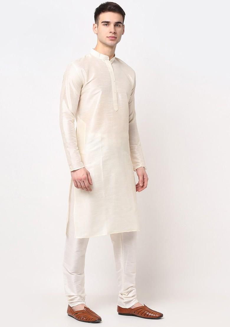 Off White Embroidered Poly Blend Kurta Set For Men