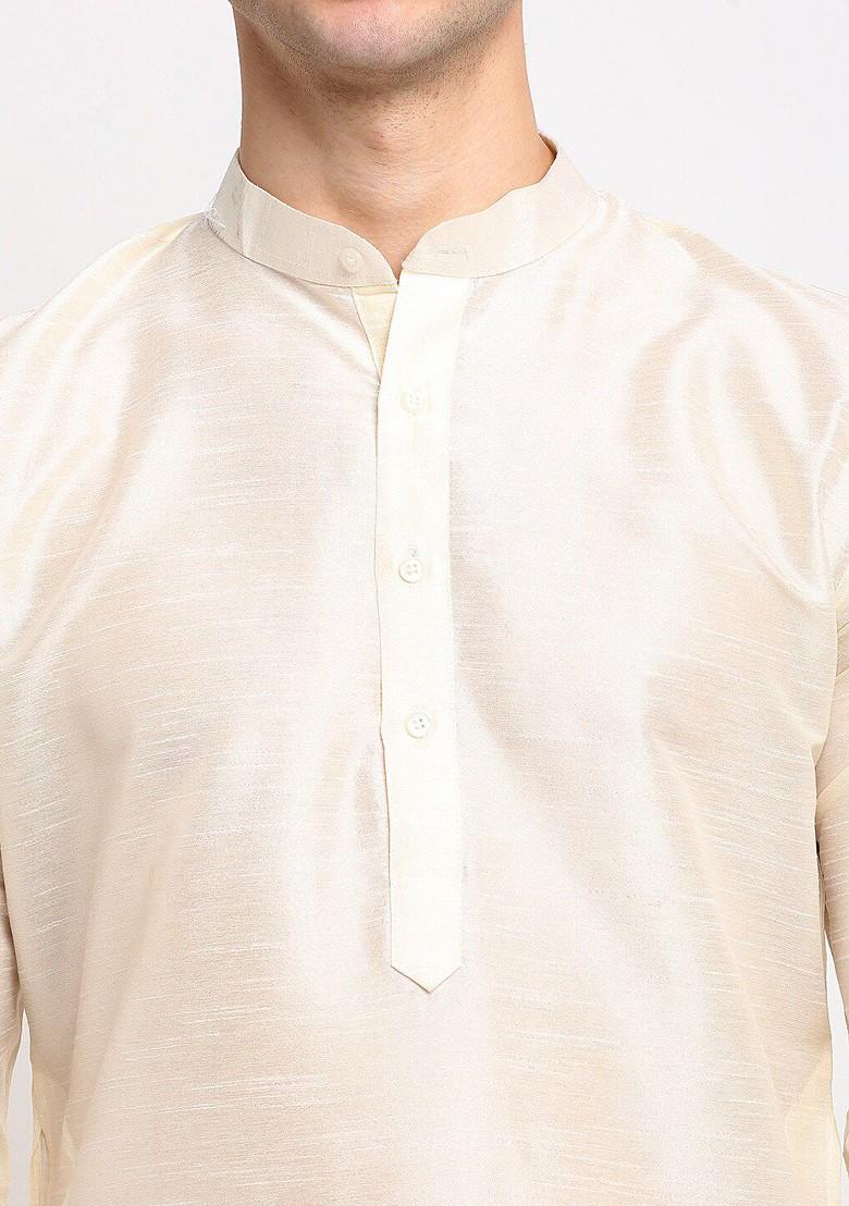 Off White Embroidered Poly Blend Kurta Set For Men