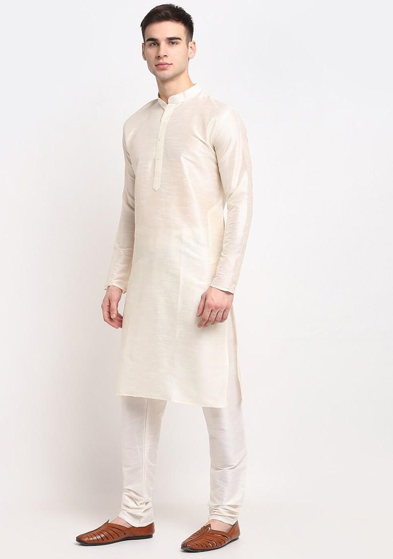 Off White Embroidered Poly Blend Kurta Set For Men