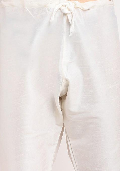 Off White Embroidered Poly Blend Kurta Set For Men