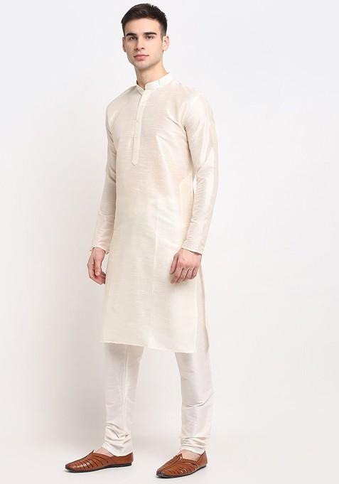 Off White Embroidered Poly Blend Kurta Set For Men