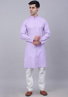 Purple Printed Poly Blend Kurta Set For Men