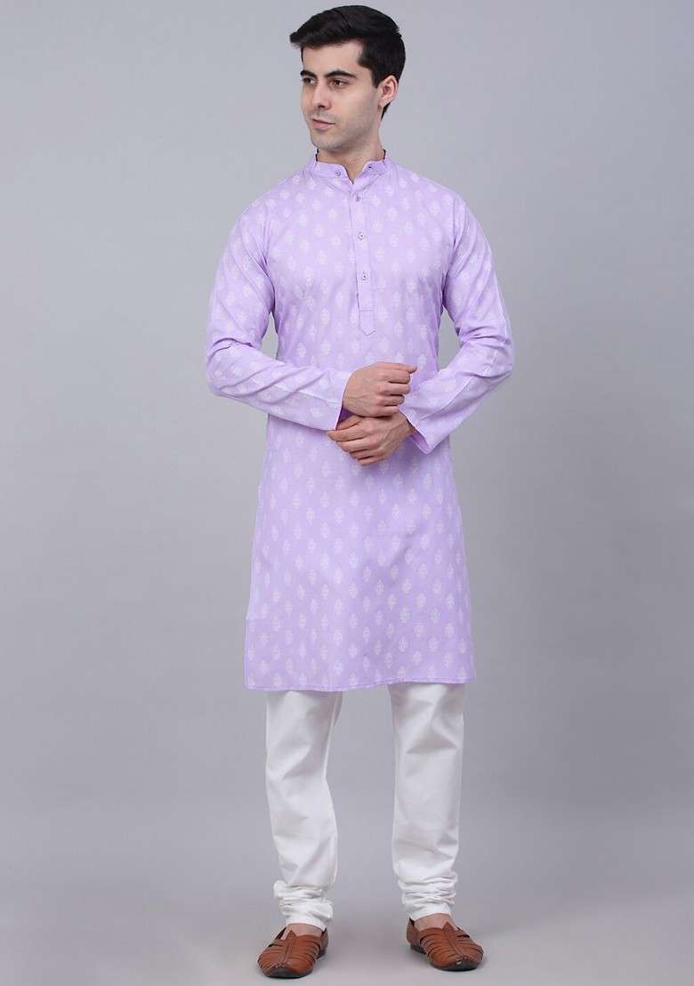 Purple Printed Poly Blend Kurta Set For Men - Indya