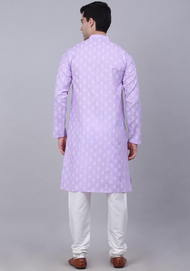 Purple Printed Poly Blend Kurta Set For Men