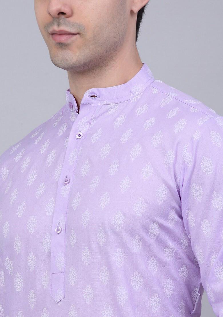 Purple Printed Poly Blend Kurta Set For Men