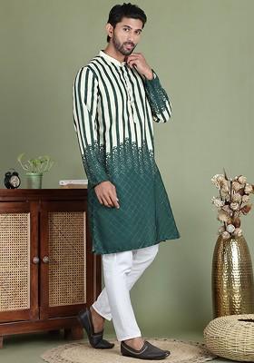 Green Printed Poly Blend Kurta Set For Men