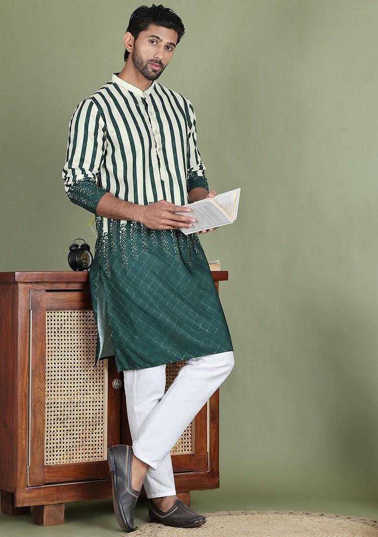 Green Printed Poly Blend Kurta Set For Men