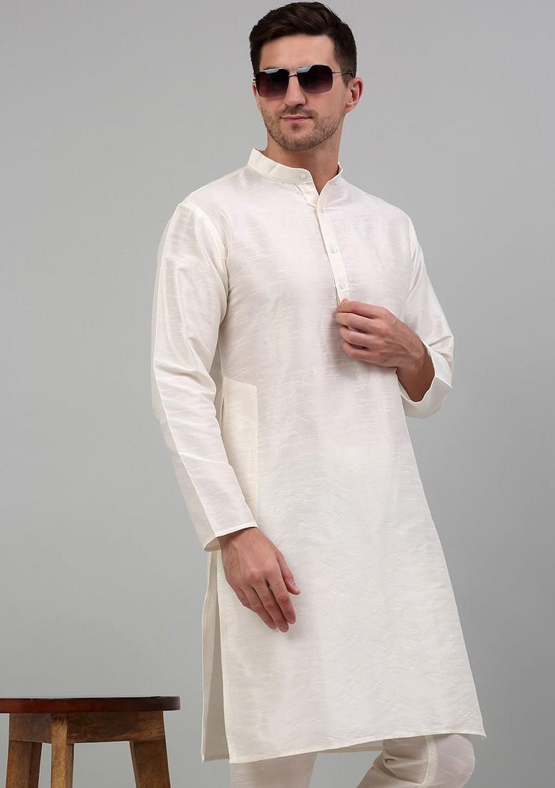 Off White Embroidered Poly Blend Kurta Set For Men
