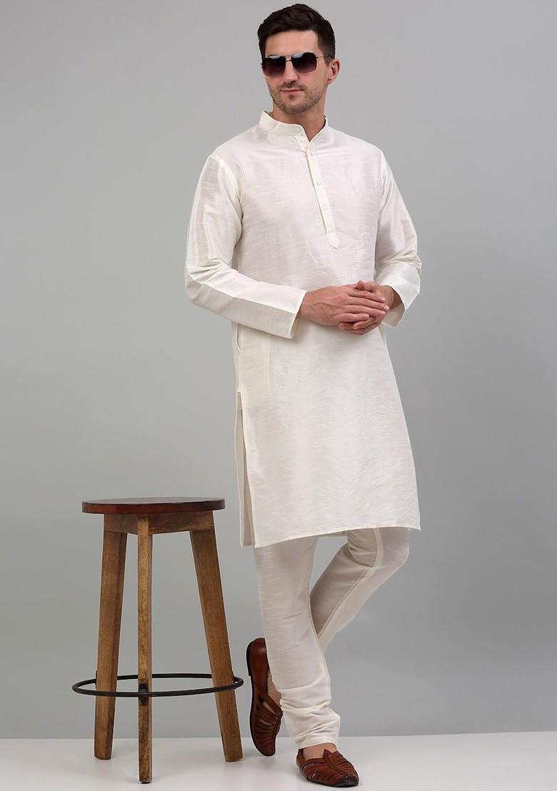 Off White Embroidered Poly Blend Kurta Set For Men