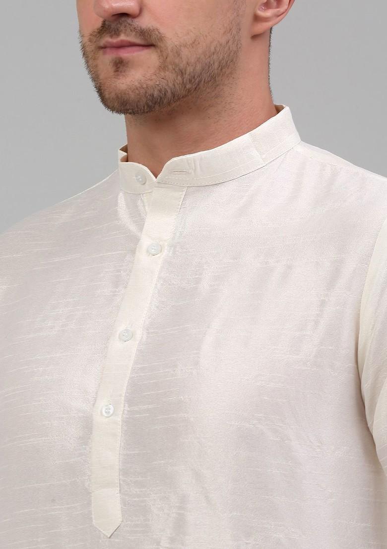 Off White Embroidered Poly Blend Kurta Set For Men