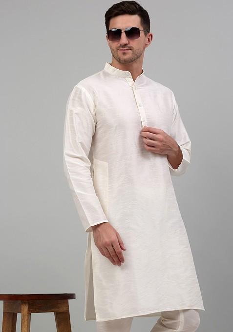 Off White Embroidered Poly Blend Kurta Set For Men