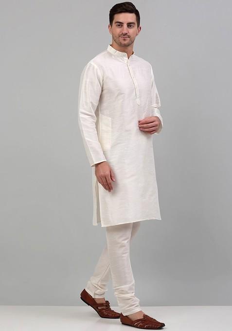 Off White Embroidered Poly Blend Kurta Set For Men