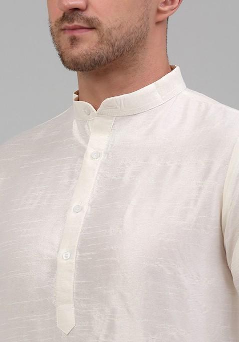 Off White Embroidered Poly Blend Kurta Set For Men
