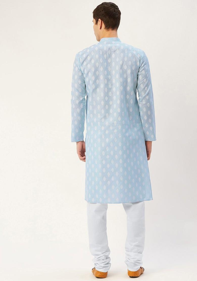 Blue Printed Poly Blend Kurta Set For Men
