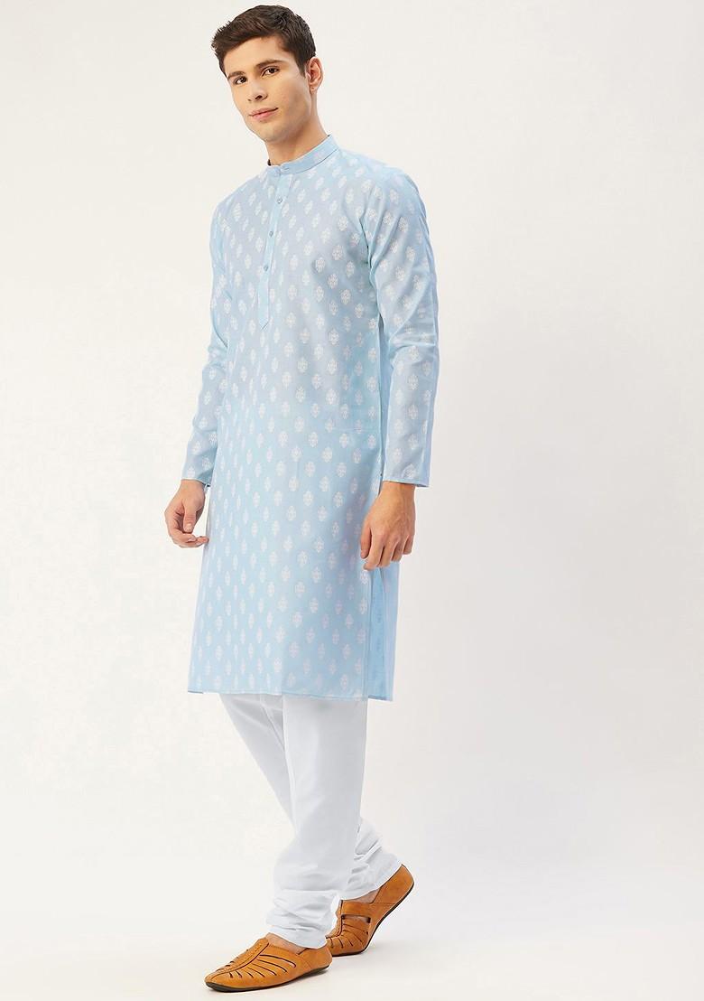 Blue Printed Poly Blend Kurta Set For Men