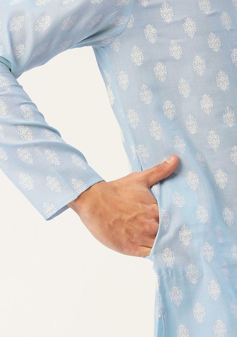 Blue Printed Poly Blend Kurta Set For Men