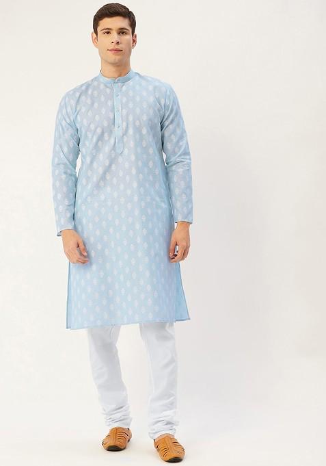 Blue Printed Poly Blend Kurta Set For Men