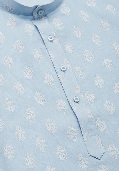 Blue Printed Poly Blend Kurta Set For Men