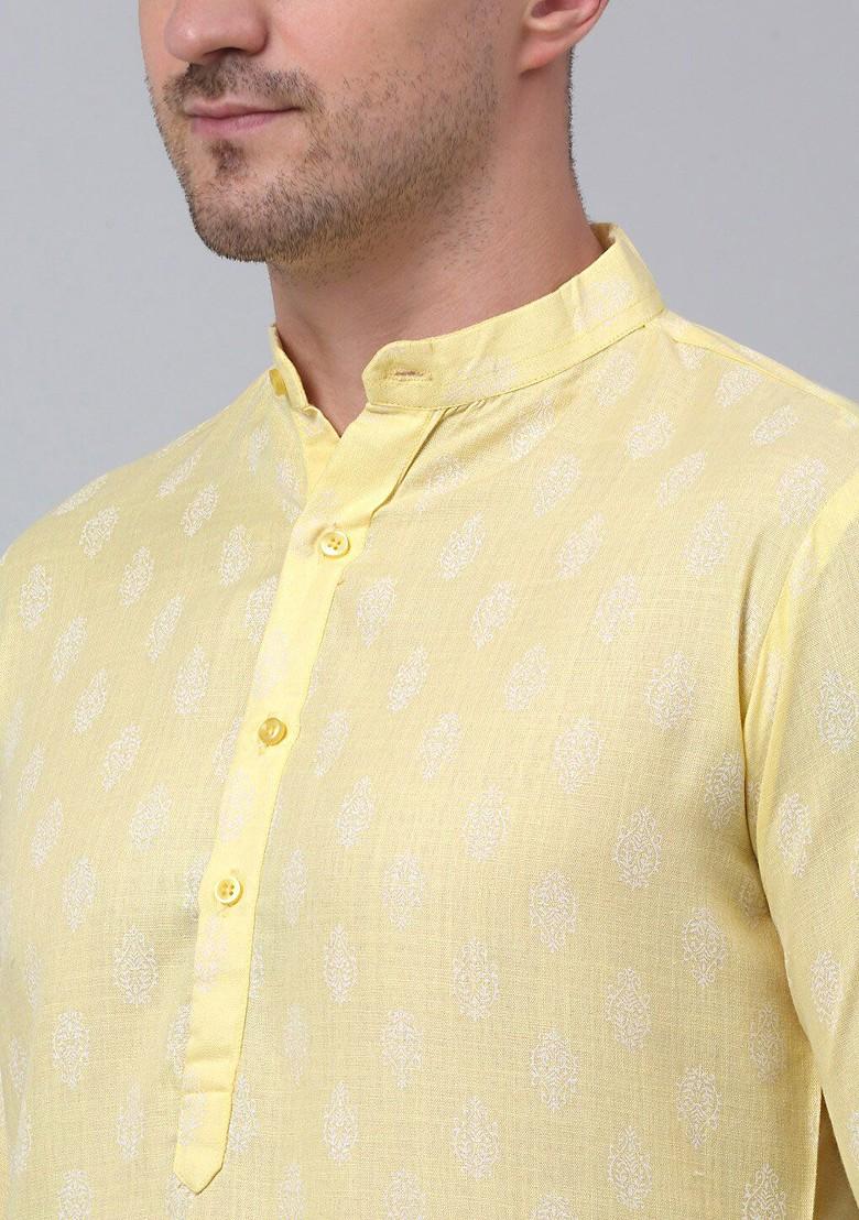 Yellow Printed Poly Blend Kurta Set For Men