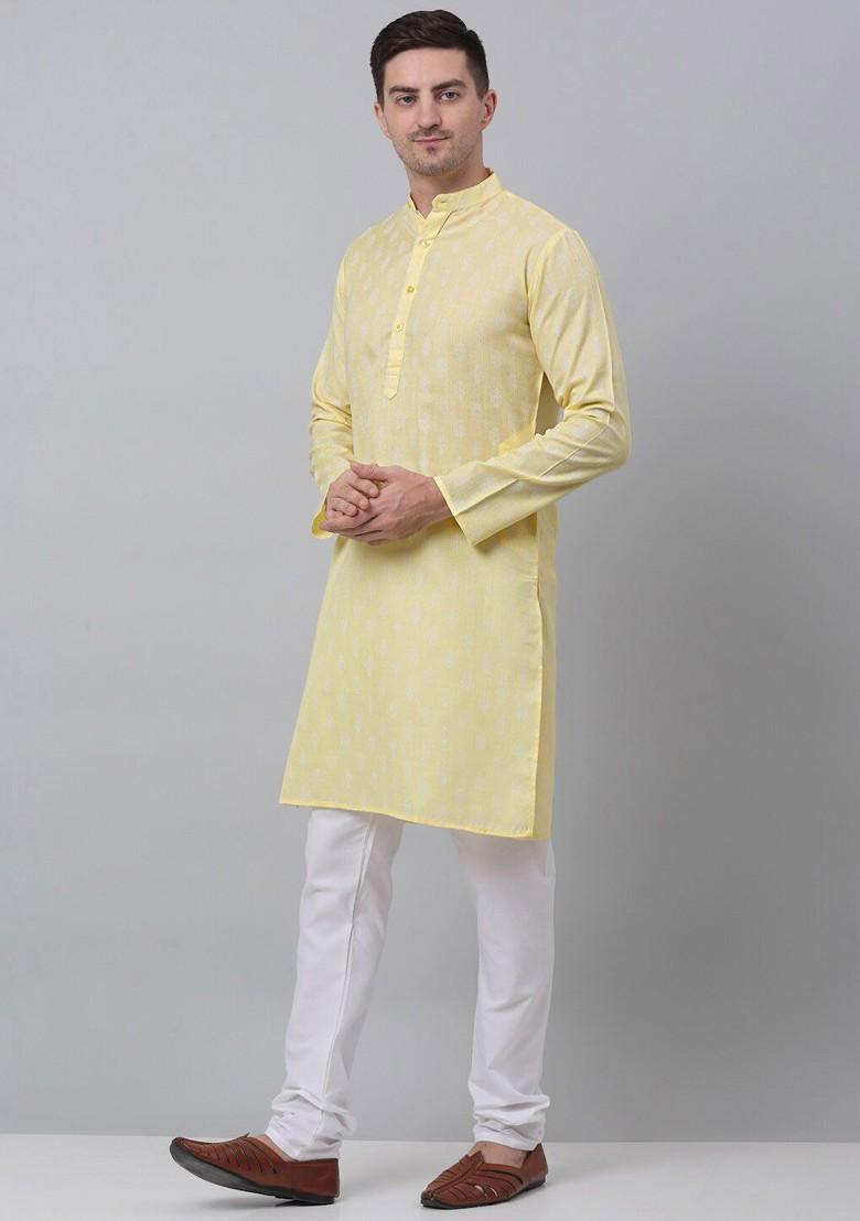 Yellow Printed Poly Blend Kurta Set For Men