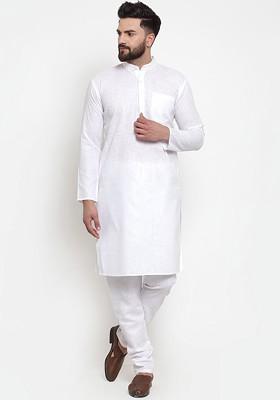 White Embroidered Poly Blend Kurta Set For Men