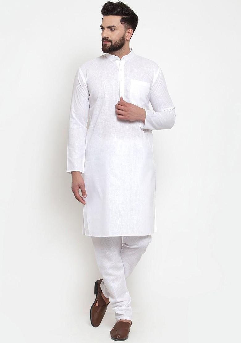 White Embroidered Poly Blend Kurta Set For Men