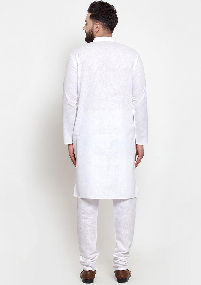 White Embroidered Poly Blend Kurta Set For Men