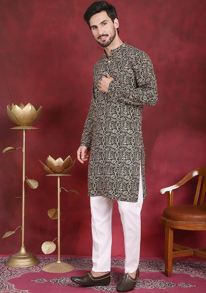 Black Printed Poly Blend Kurta Set For Men