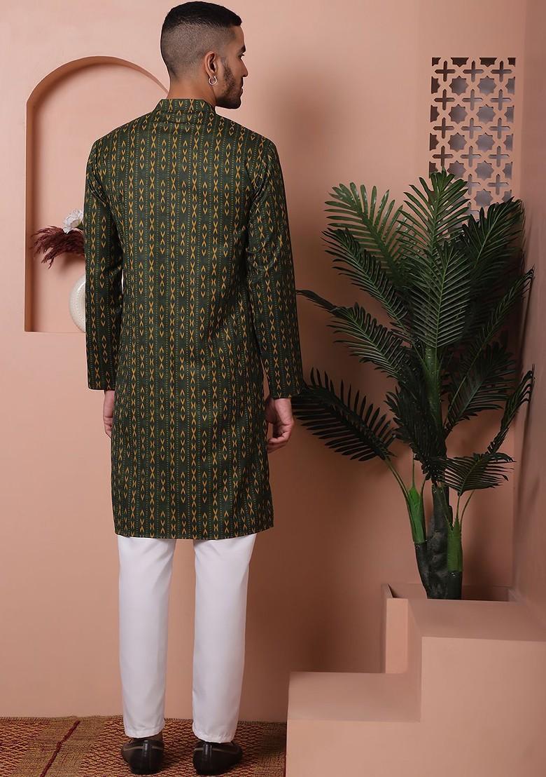 Olive Printed Poly Blend Kurta Set For Men