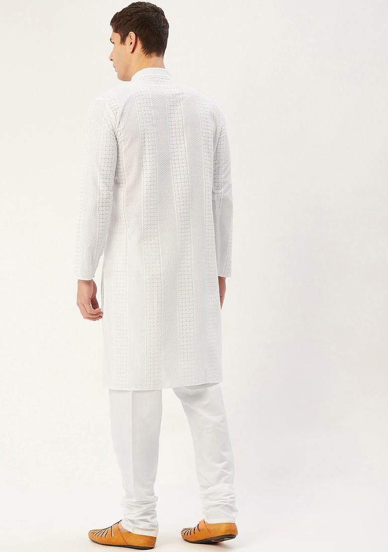 White Ethnic Motif Poly Blend Kurta Set For Men