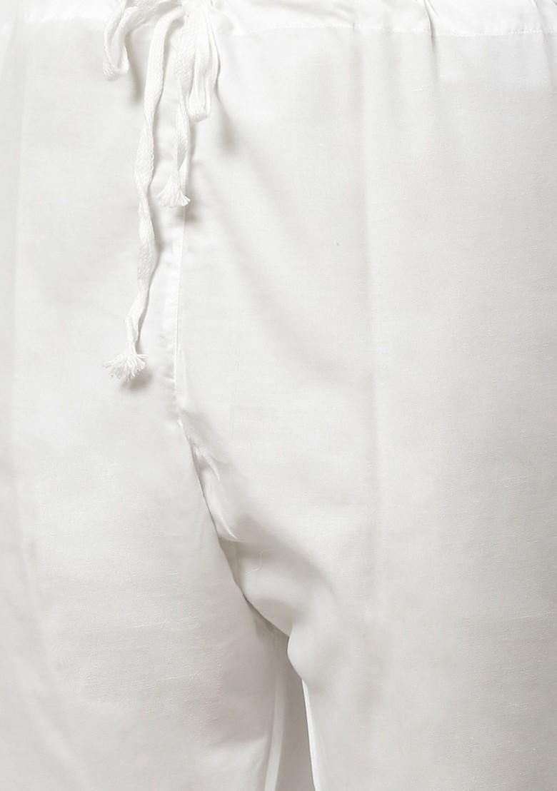 White Ethnic Motif Poly Blend Kurta Set For Men