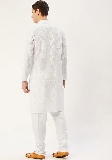 White Ethnic Motif Poly Blend Kurta Set For Men