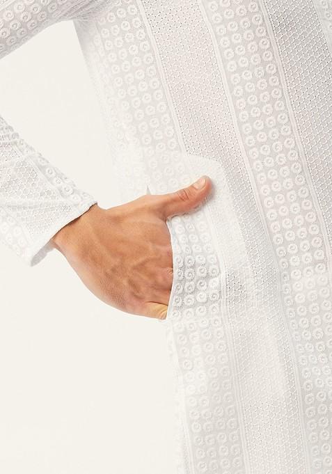 White Ethnic Motif Poly Blend Kurta Set For Men