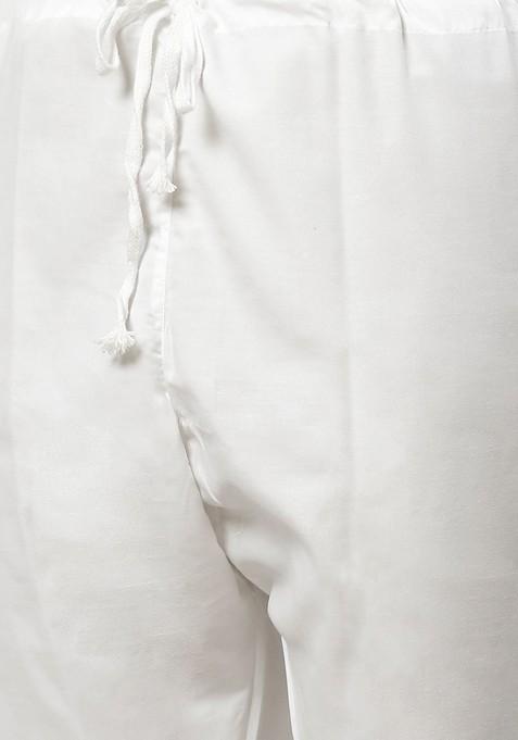 White Ethnic Motif Poly Blend Kurta Set For Men