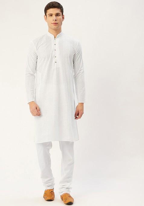 White Ethnic Motif Poly Blend Kurta Set For Men