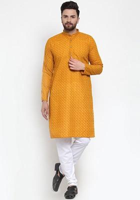 Mustard Yellow Ethnic Motif Poly Blend Kurta Set For Men