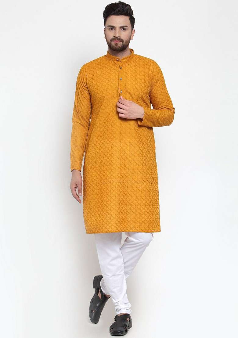 Mustard Yellow Ethnic Motif Poly Blend Kurta Set For Men - Indya