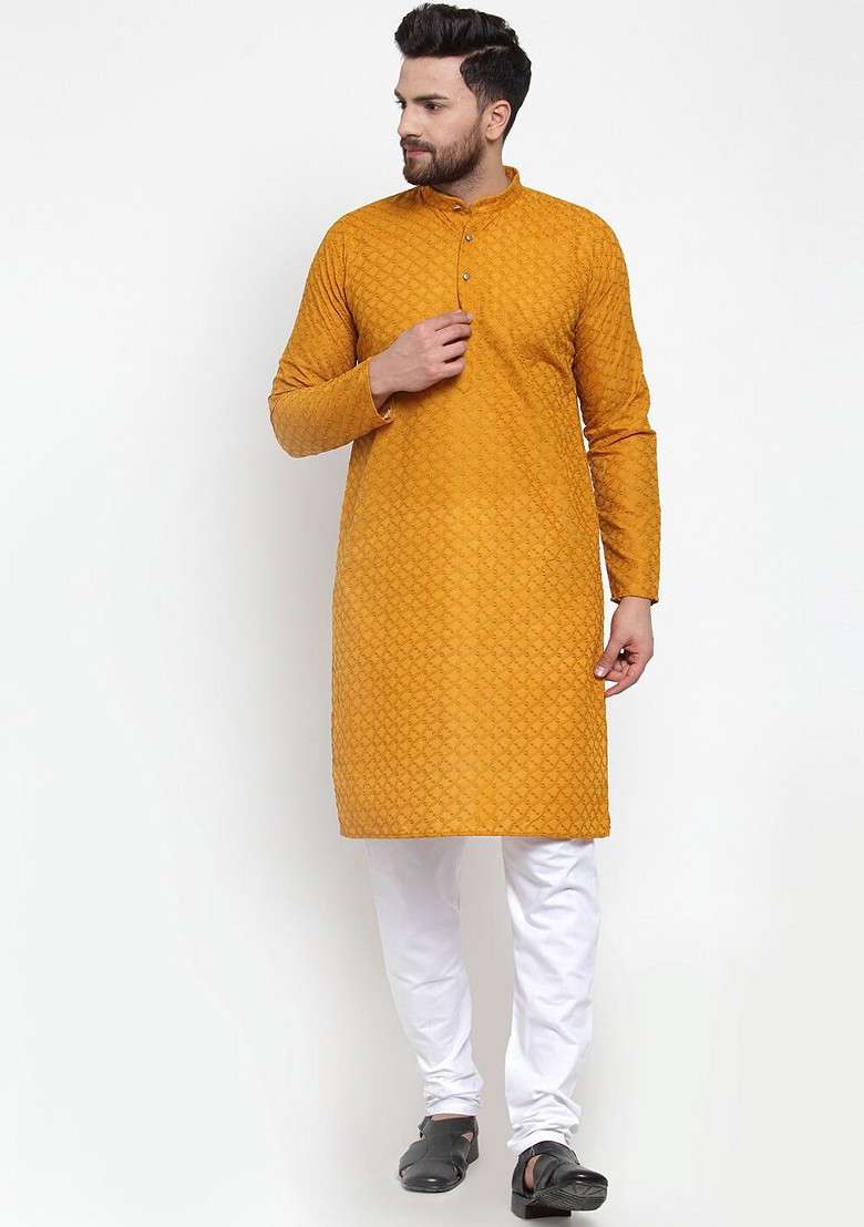 Mustard Yellow Ethnic Motif Poly Blend Kurta Set For Men - Indya