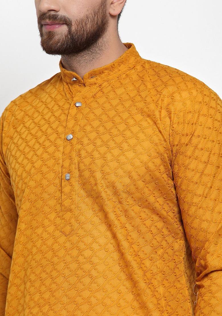 Mustard Yellow Ethnic Motif Poly Blend Kurta Set For Men