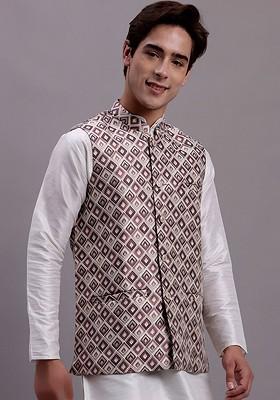White Woven Design Poly Blend Kurta Set For Men