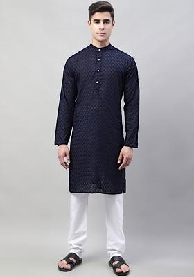 Navy Blue Embroidered Poly Blend Kurta Set For Men