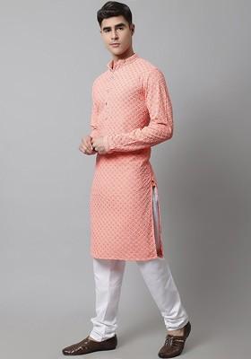 Peach Embroidered Poly Blend Kurta Set For Men
