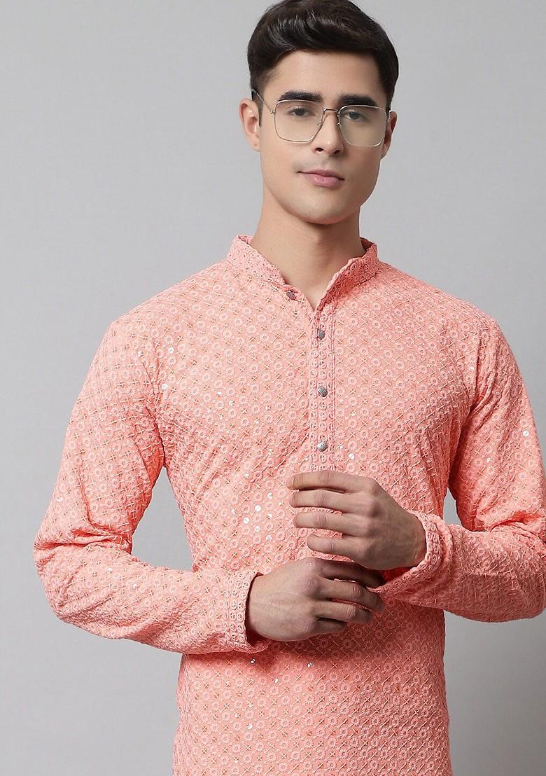 Peach Embroidered Poly Blend Kurta Set For Men