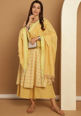 Yellow Embroidered Poly Blend Kurta Set For Men