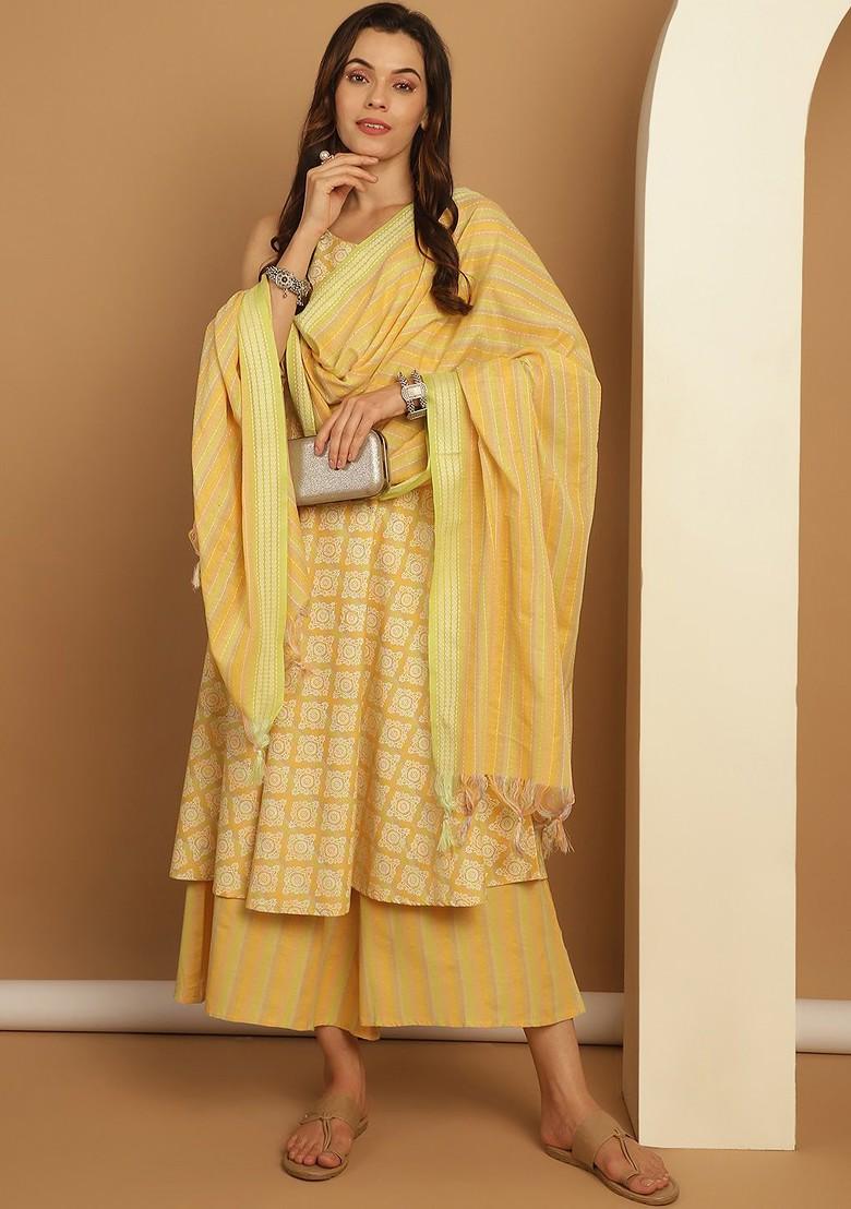 Yellow Embroidered Poly Blend Kurta Set For Men