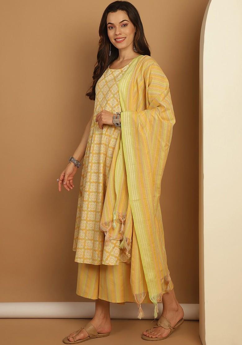 Yellow Embroidered Poly Blend Kurta Set For Men
