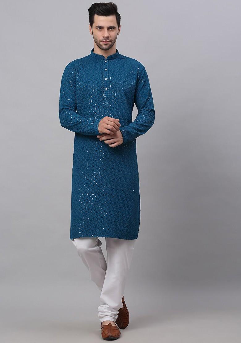 Blue Embroidered Poly Blend Kurta Set For Men